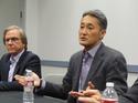 Sony CEO and president Kaz Hirai (right) and Mike Fasulo, president and chief operating officer of Sony Electronics, speak with reporters at CES in Las Vegas on January 7, 2014.