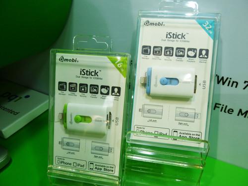 Retail packages for Sanho's iStick on show at Computex in Taipei on June 3, 2014.