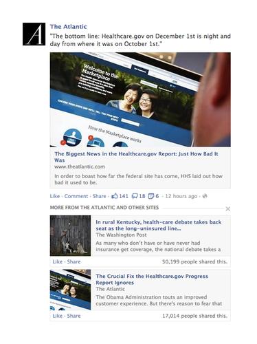 How an article might appear on Facebook's News Feed under new rankings announced Dec. 2, 2013.