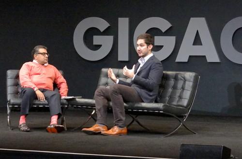 Instagram CEO Kevin Systrom, right, speaking with Gigaom Founder Om Malik in San Francisco on Nov. 6, 2013.