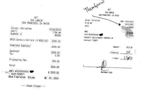 One of the receipts included in a lawsuit filed by a San Francisco strip club against Oracle and one of its employees over an unpaid tab shows a $2,200 charge.