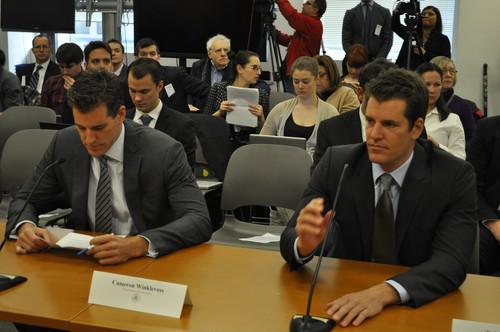 Left to right, Cameron and Tyler Winklevoss at New York State Department of Financial Services hearing on virtual currency.