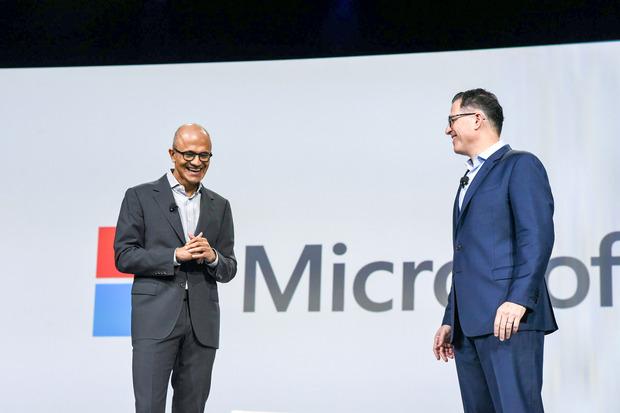 CEO Michael Dell and Microsoft CEO Satya Nadella appear on stage at the Dell World conference on Oct. 21, 2015 Credit: Dell