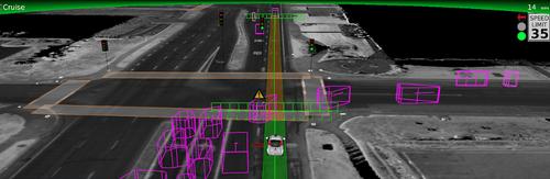 This illustration shows how Google's self-driving car is programmed to slow down to avoid a car to its left making a right turn.