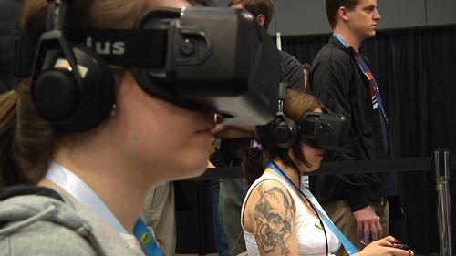 Two women try out the Oculus Rift virtual-reality headset