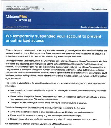 Login credentials from a third party were used to fraudulently access about three dozen MileagePlus accounts, which is United Airlines' loyalty rewards program.