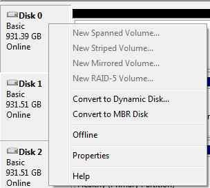Passer à une partition MBR via le gestionnaire de lecteur de Windows 7. (Nous utilisons un lecteur de 1 To dans la capture d'écran à titre d'exemple uniquement.)