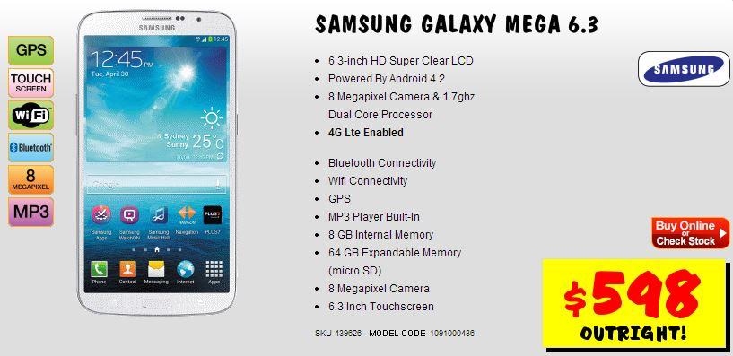The Samsung Galaxy Mega 6.3, as it appears on JB Hi-Fi's Web site.