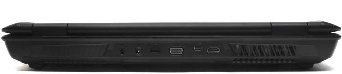 Rear view: cable lock, power port, Gigabit Ethernet, VGA, Mini DisplayPort, HDMI, air vent. 