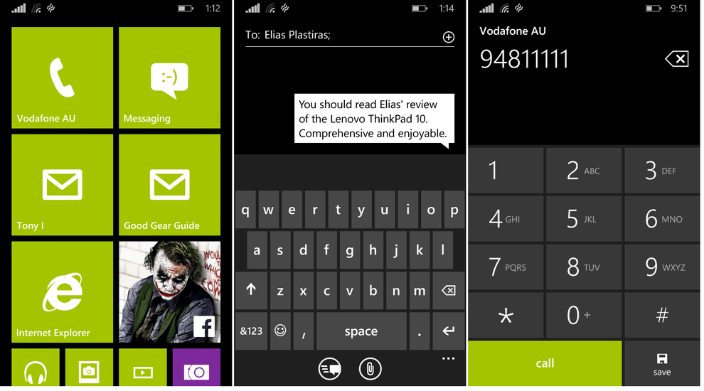 The Windows Phone 8.1 live tile interface, messaging and dialler
