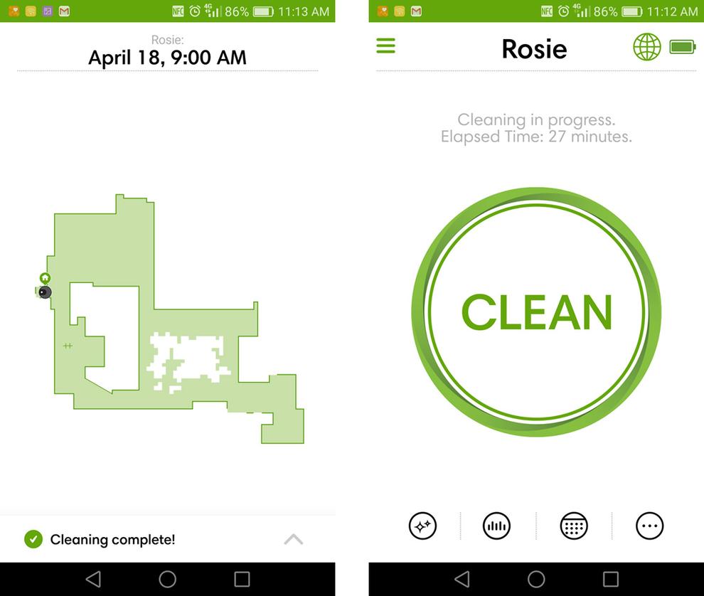 The app sends a map of each of Rosie's cleaning tours. The speckled area shows that we didn't lift all the chairs onto the dining table. The big Clean button acts as one, big, internet connected remote.