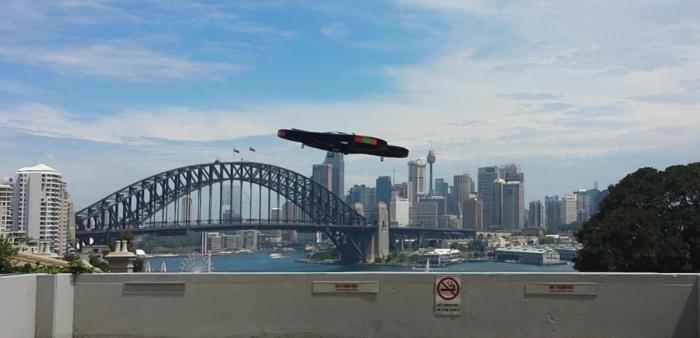 Here it is airborne with Sydney harbour in the background. Our poor piloting meant we couldn't get a nice angled shot of it. You'll have to make do with the side view for now.