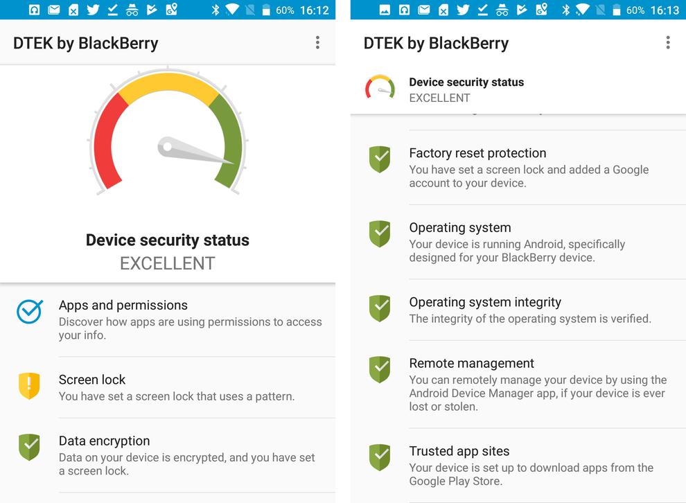 Blackberry DTEK constantly monitors the device for any security leaks.