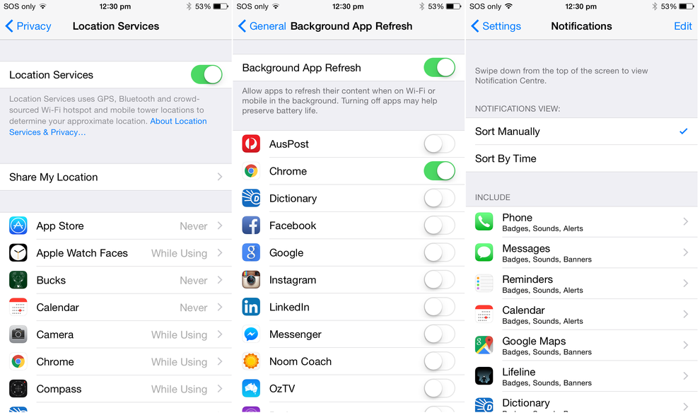 All of the location, background app and notification settings for applications can be found in one place in Apple's iOS.