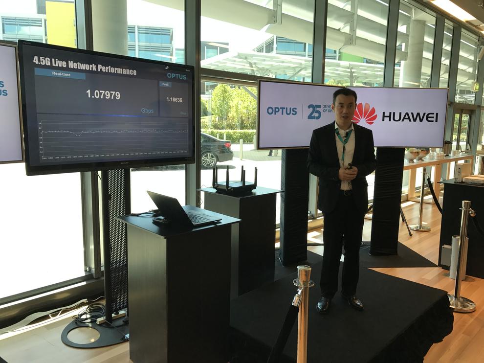 The live 4.5G demonstration at Optus Australian headquarters showed peak speeds of 1.18Gbps over a fixed wireless connection