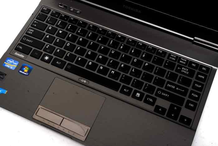 The Satellite Z930's keyboard and touchpad: the keyboard takes some getting used to, and we ended up liking it after a while.