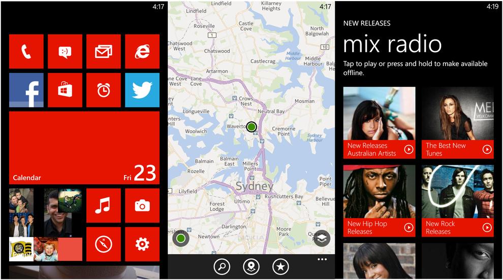 The Windows Phone 8 home screen, Nokia Maps and Nokia Music apps.