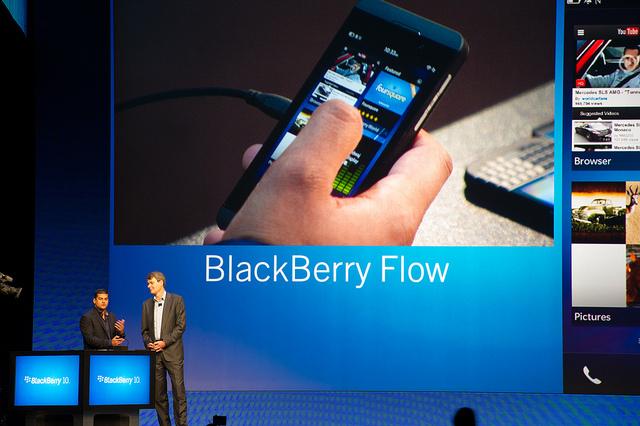 The BlackBerry 10 operating system being demonstrated at a launch event in New York.