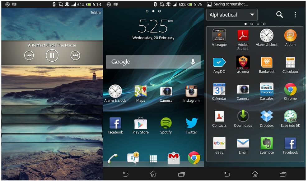 From L to R: The Xperia Z's lock screen, home screen and app drawer.