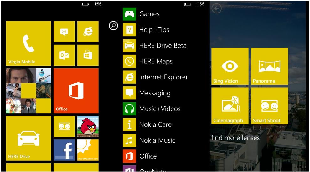 From L to R: The Lumia 520 home screen, app menu and camera lenses.