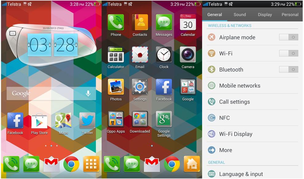 The Oppo Find 5's home screen, app drawer and tabbed settings menu.