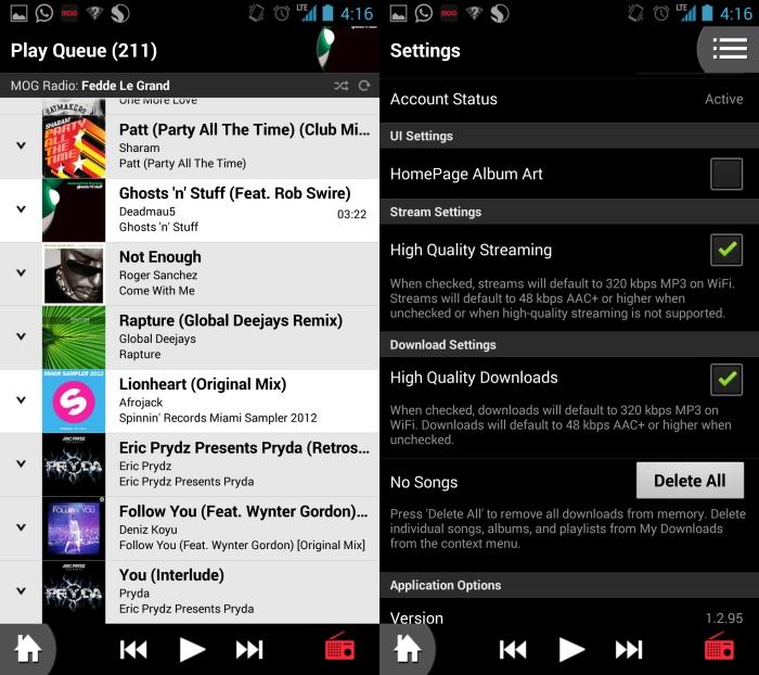 A play queue and the app's main settings.