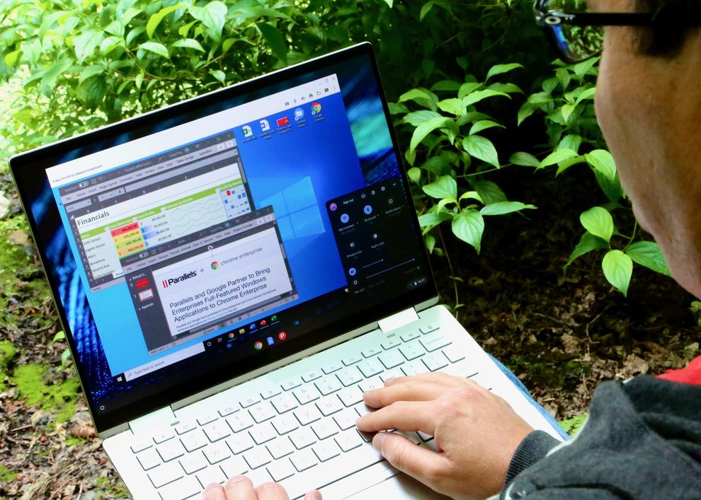 A Chromebook is pictured running the software from Parallels