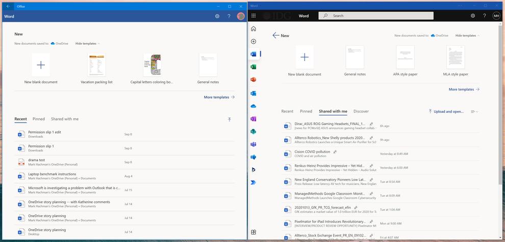 Chances are that your Windows 10 PC already has an Office app (left). The Office PWA (right) looks a little prettier, with new navigation options along the left-hand pane