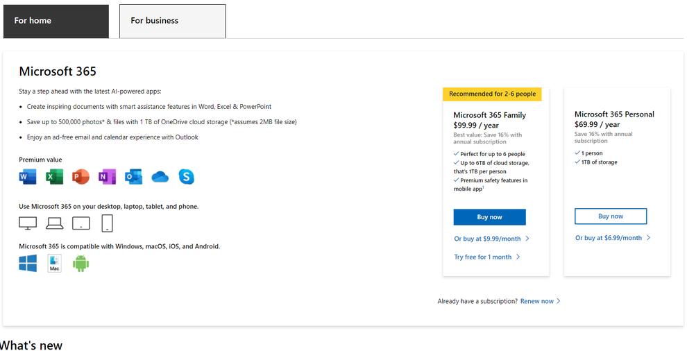 Microsoft puts its subsription offering front and center on the Office product page, but options for the one-time-purchase package can be found below.