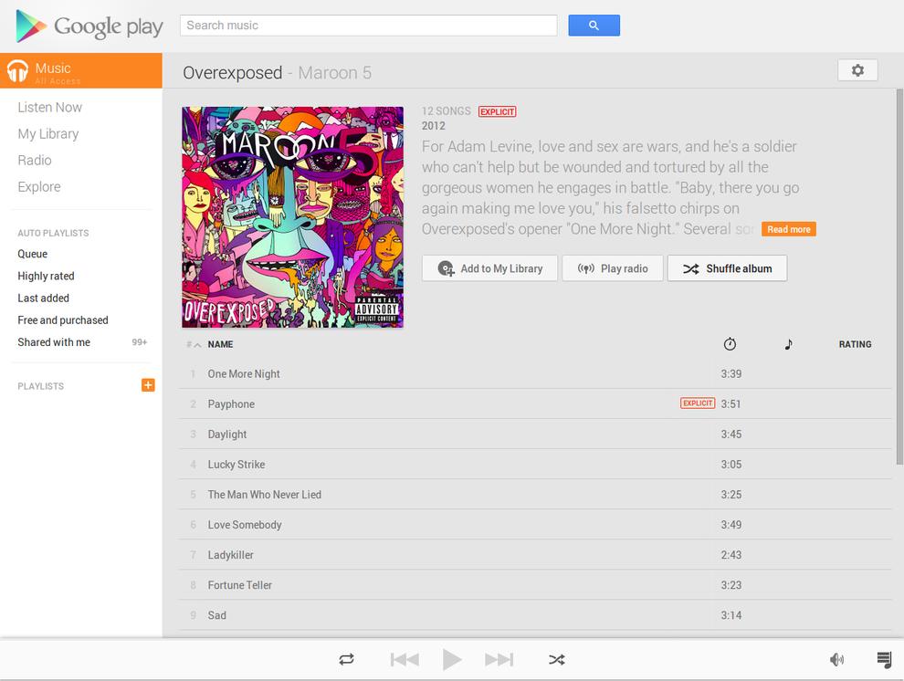 The Google Play Music All Access service on the Web.