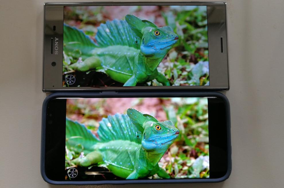 Despite having an even-higher UHD resolution, the LCD-based XZ Premium (top) has less-punchy image than the AMOLED-sporting Samsung S8 (bottom).