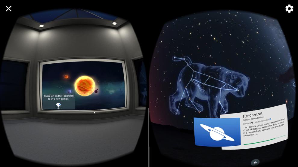 The left side of the screen lets us spin the solar system around by dragging it as part of the setup tutorial. The right side is a shot from a star mapping VR app.