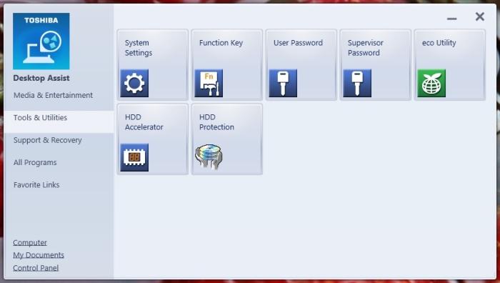 Toshiba Desktop Assist includes some useful utilities, and it's where you can enable or disable the HDD Accelerator feature, among other features. 