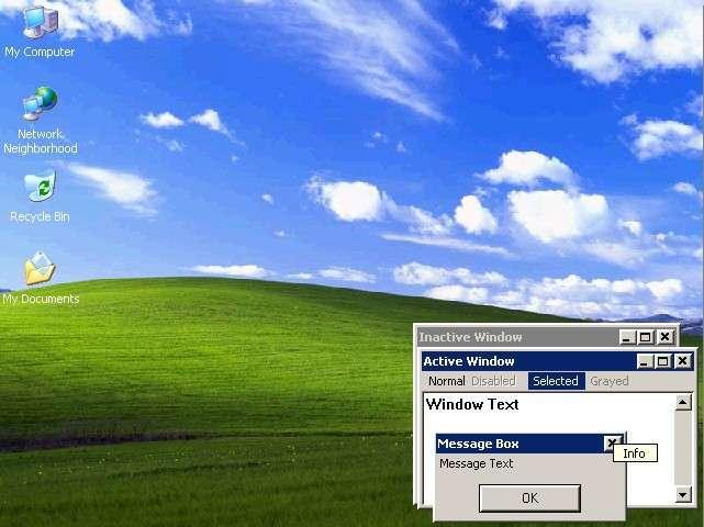 Windows XP desktop, with the “Bliss” image in the background
